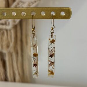 Handmade resin bar drop earrings with real pressed dried flowers gold tone hooks